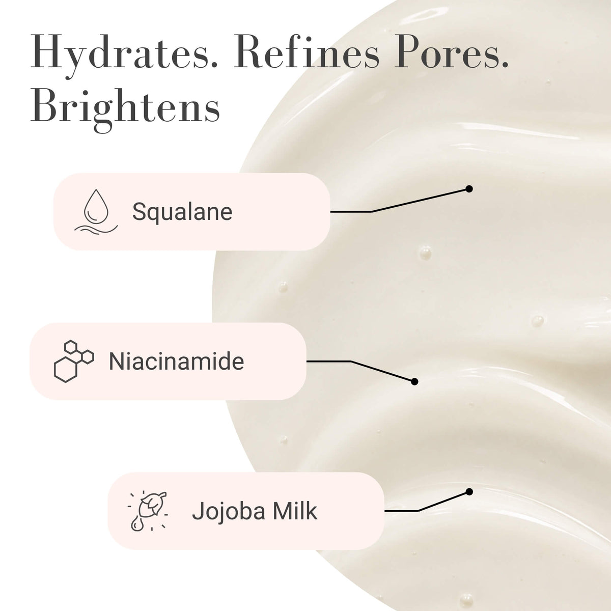 A close-up of a creamy off-white skincare product with text callouts reading 'Hydrates. Refines Pores. Brightens'