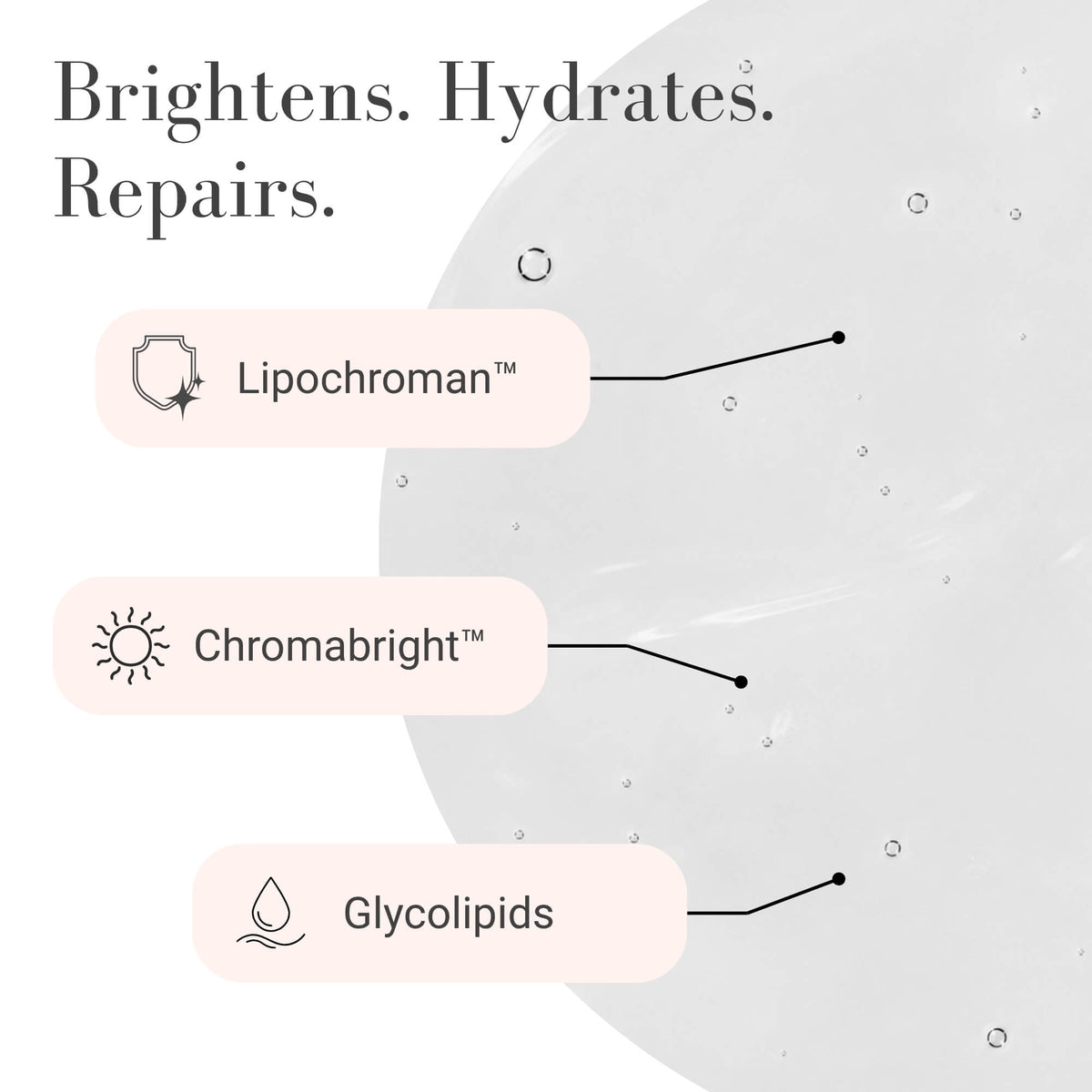 A clean graphic with the text 'Brightens. Hydrates. Repairs'