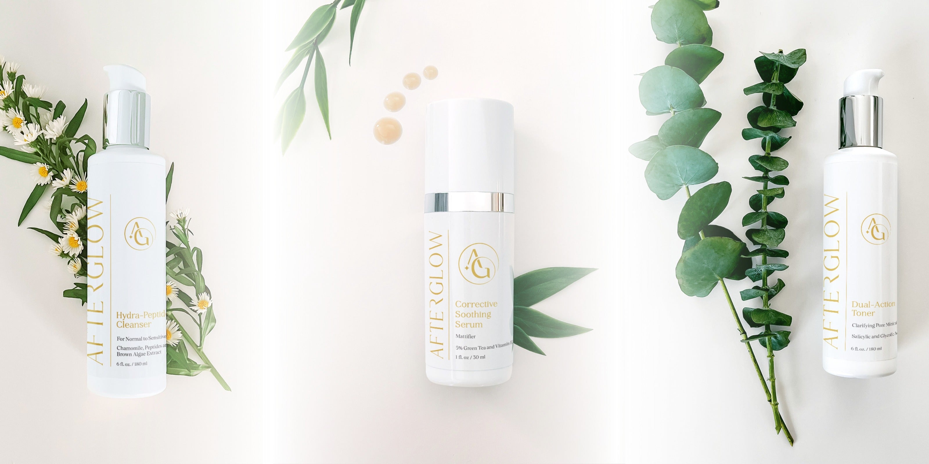 3 Afterglow medical grade skincare products with different plants in the picture.