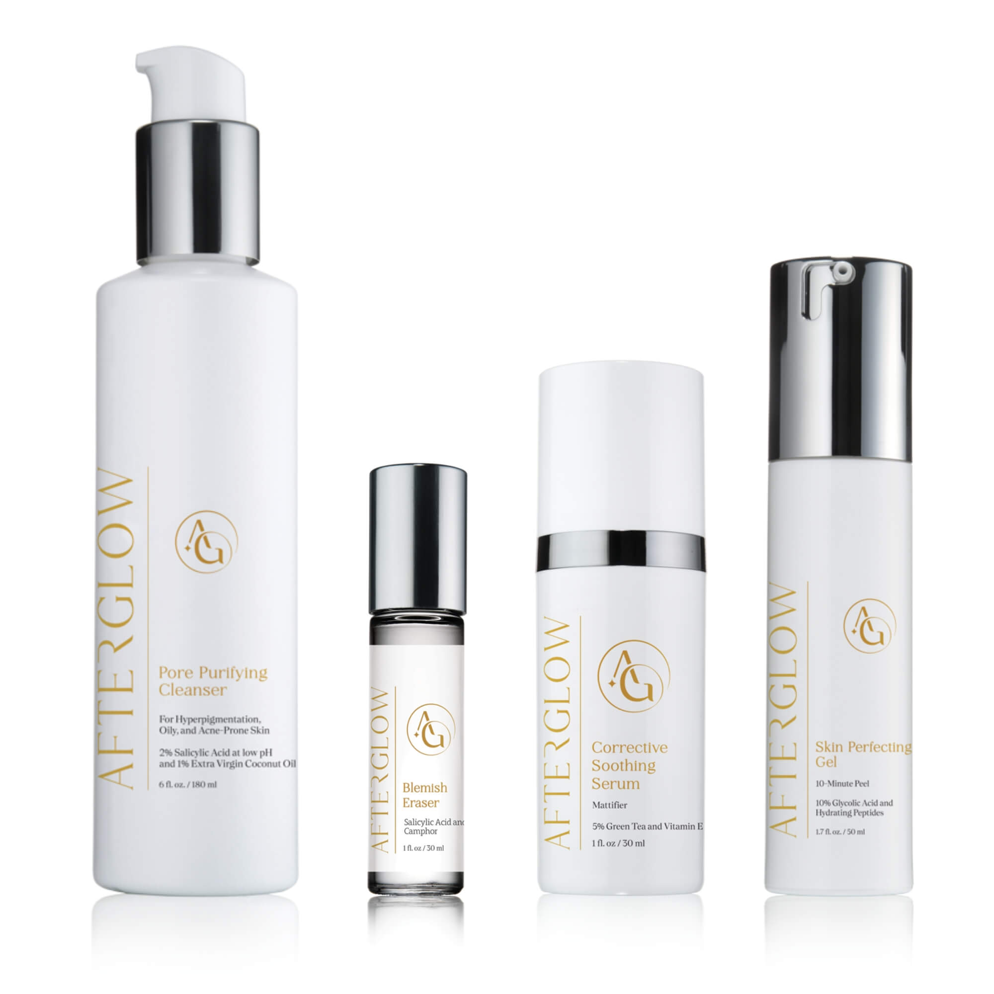 4 products for a brand called, 'afterglow skincare'.