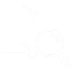 A white icon of a book and a magnifying glass.