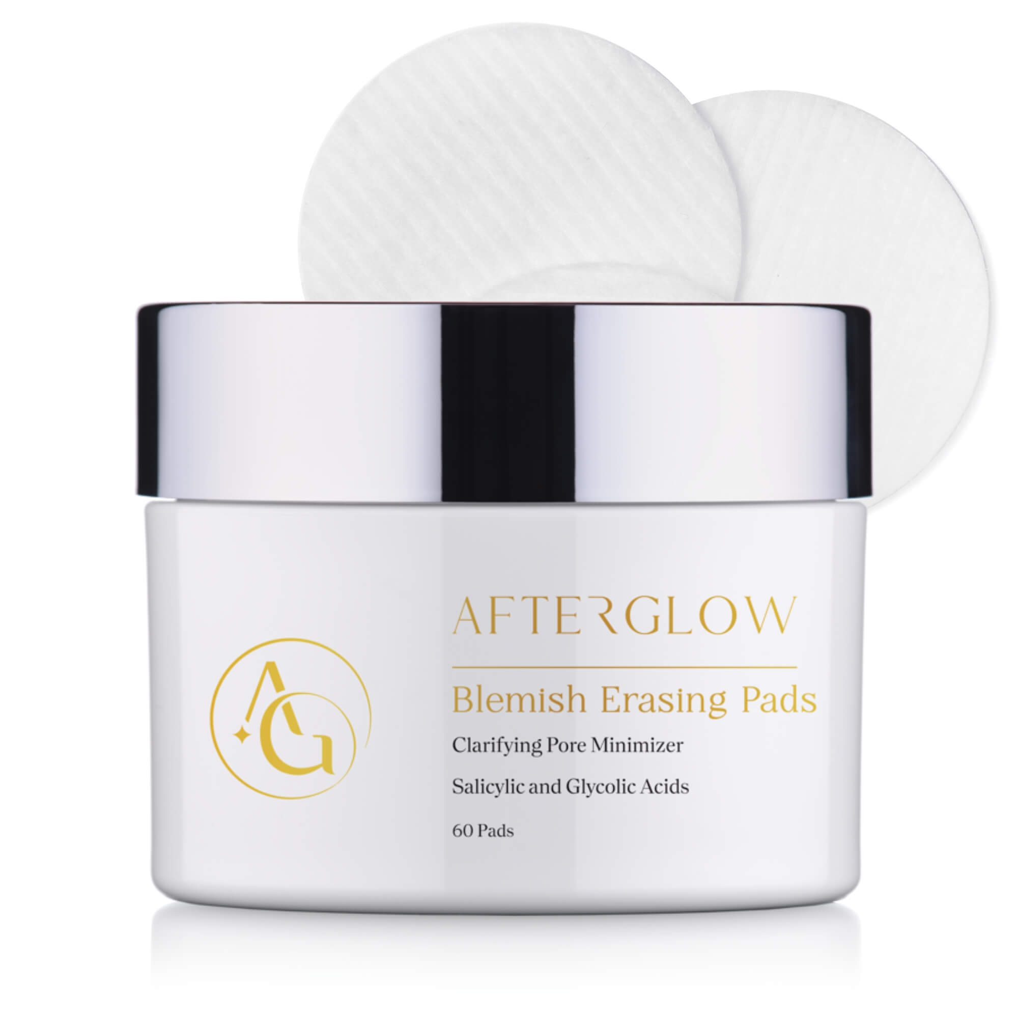 Skincare product tub of, 'blemish erasing pads'.