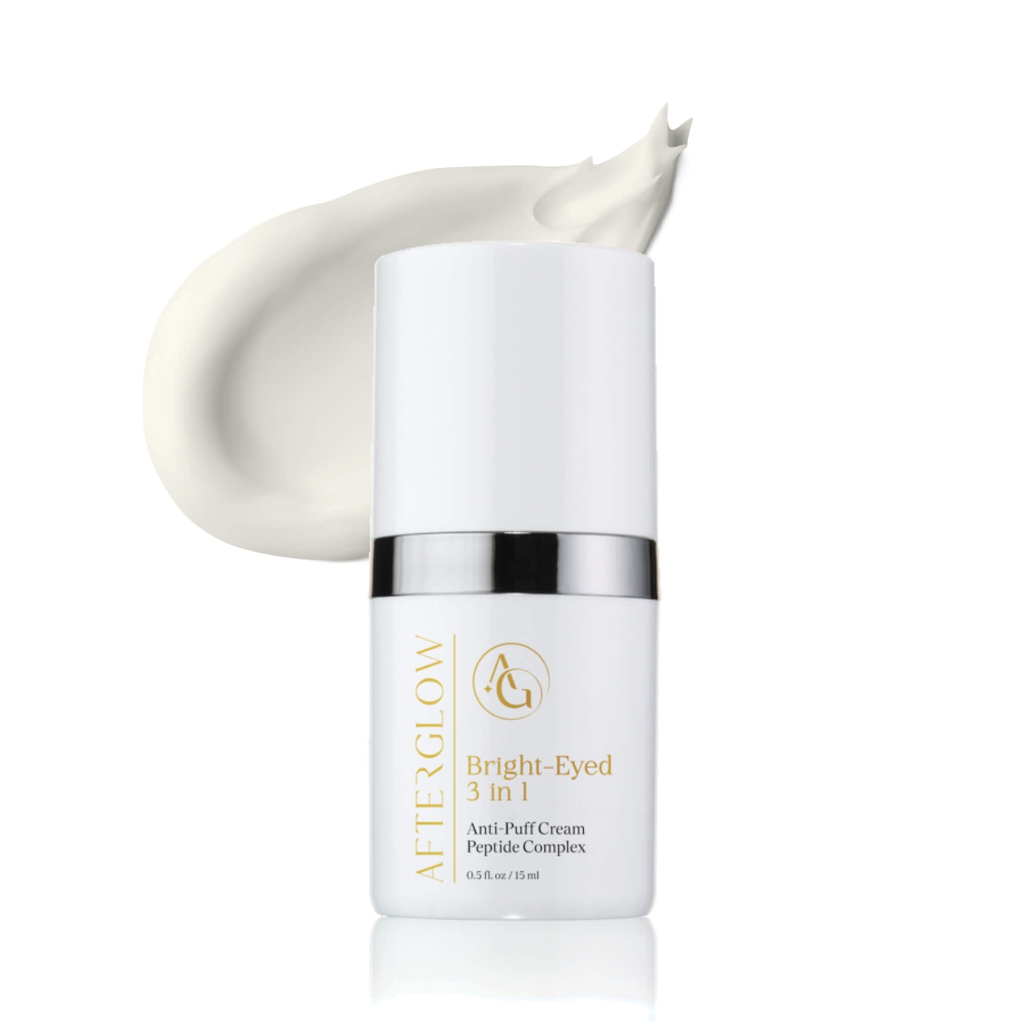 A skincare product that reads, 'afterglow, bright eyed 3 in 1 anti puff cream peptide complex'.