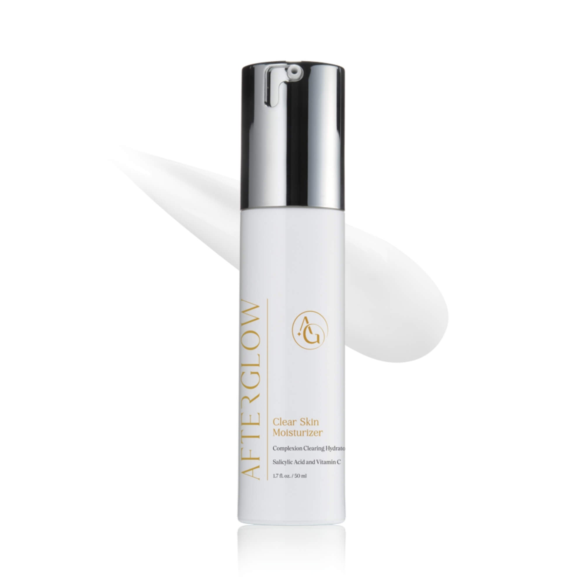 A skinny modern pump spray bottle of a skin product called, 'clear skin moisturizer'.