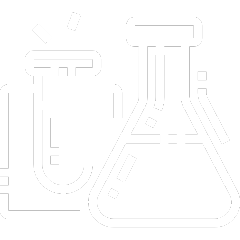 An white icon of chemistry beakers