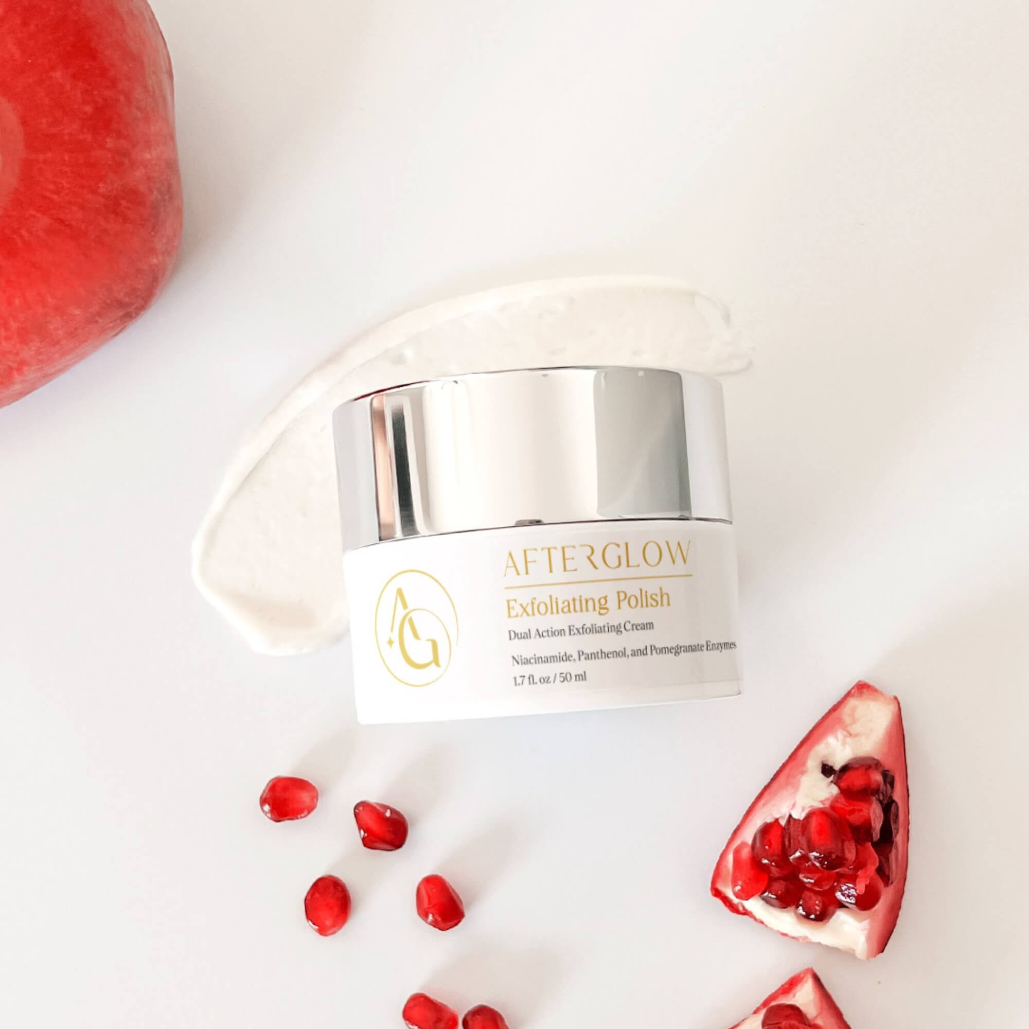 Afterglow Skin Co. Exfoliating Polish with pomegranate seeds on a white background