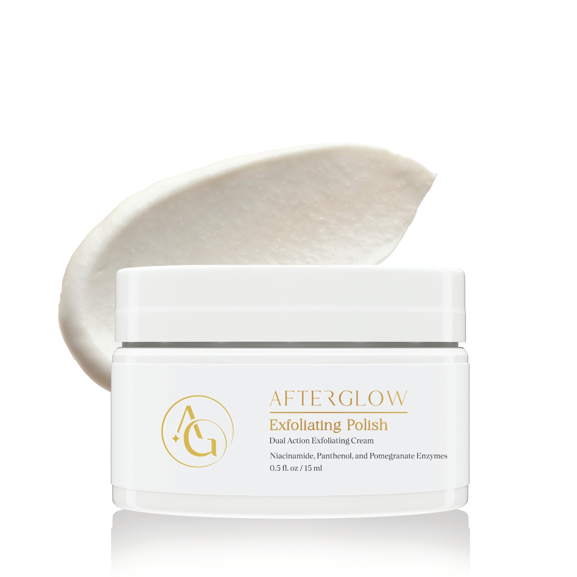 A small cylinder of skincare product called 'afterglow exfoliating polish', laying on a smear of polish cream