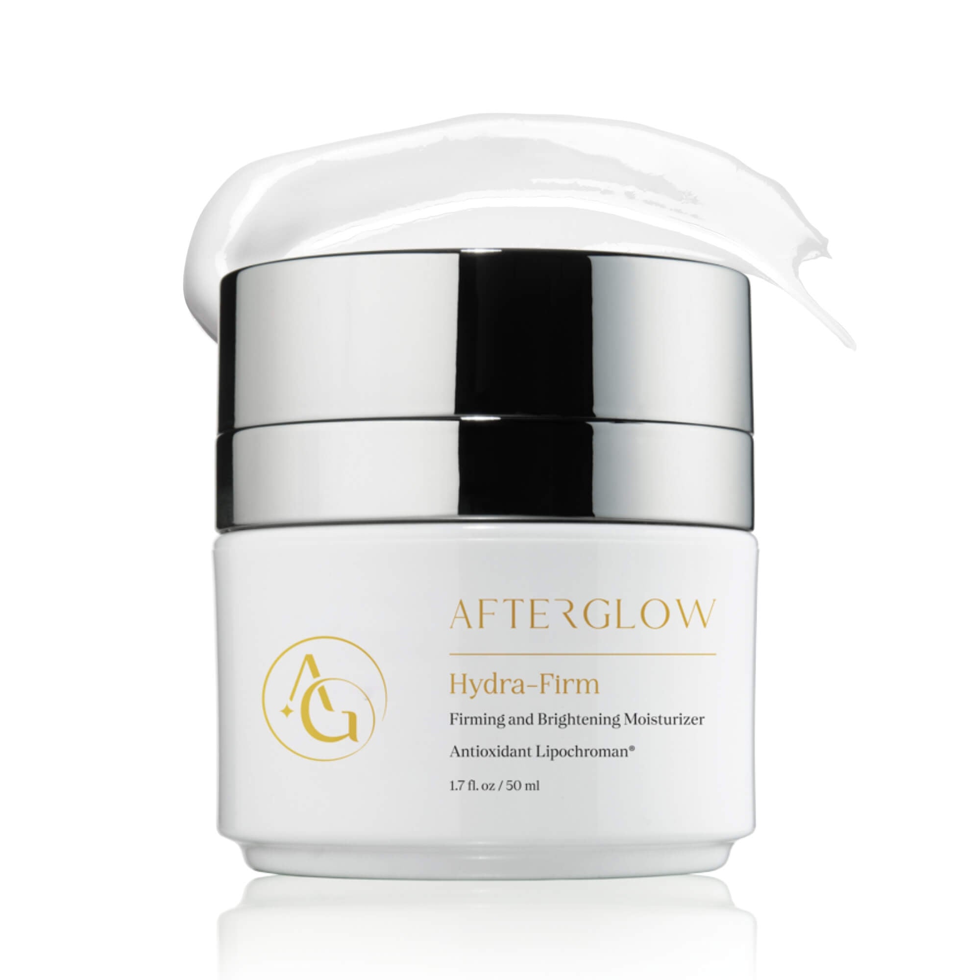 A small skin product tub with the words, 'afterglow hydra firm' on it.