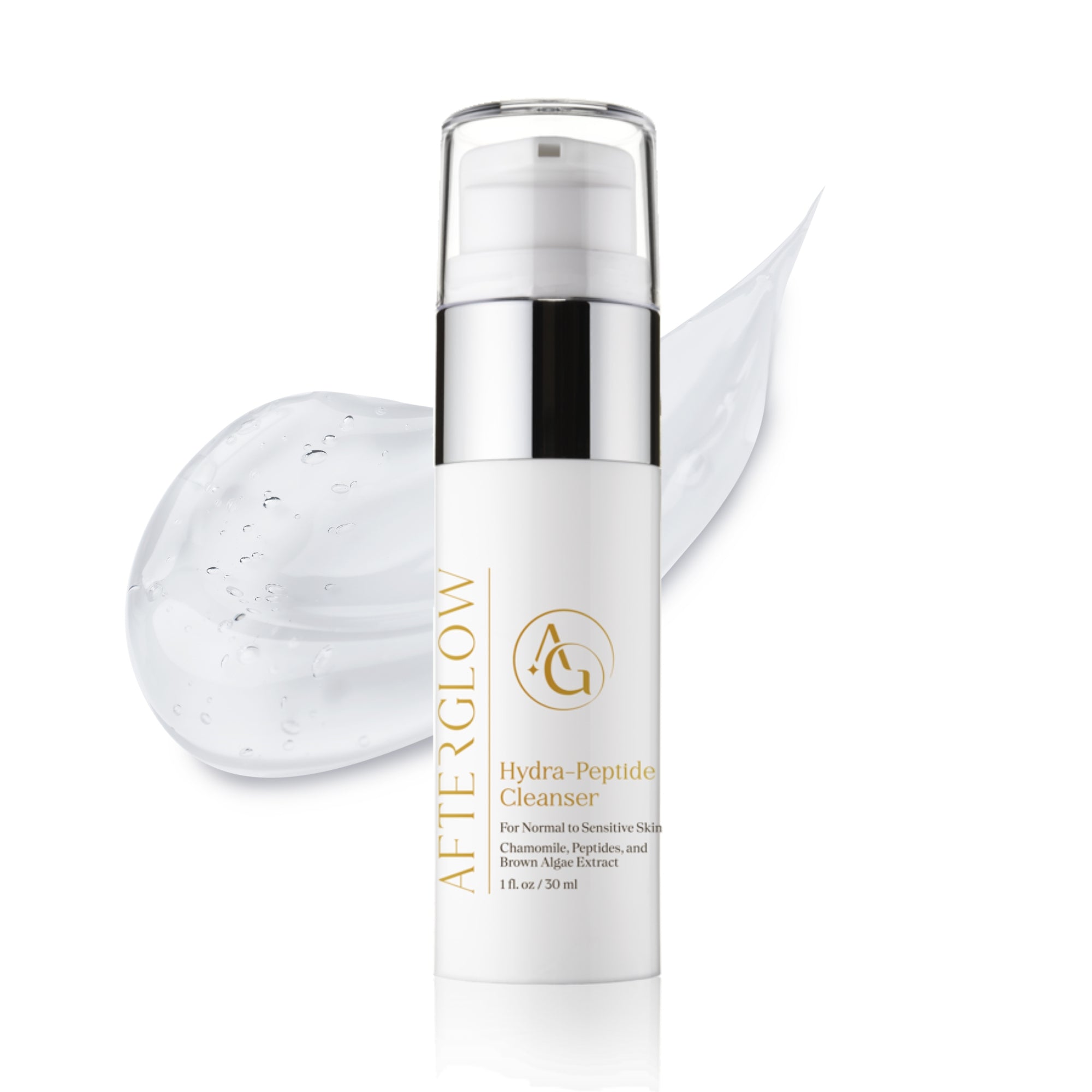 A small skincare product bottle with the words, 'afterglow hydra peptide cleanser', on it, laying on a droplet of water.