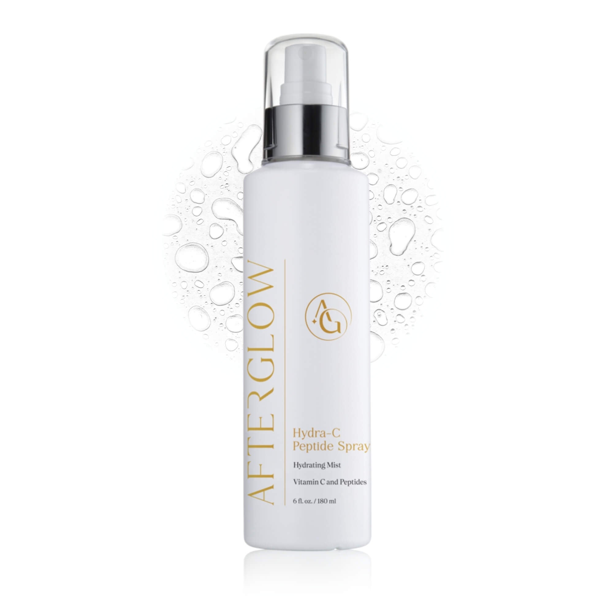 Afterglow Skin Co. Hydra C Peptide Spray pump bottle on water droplets with white background.