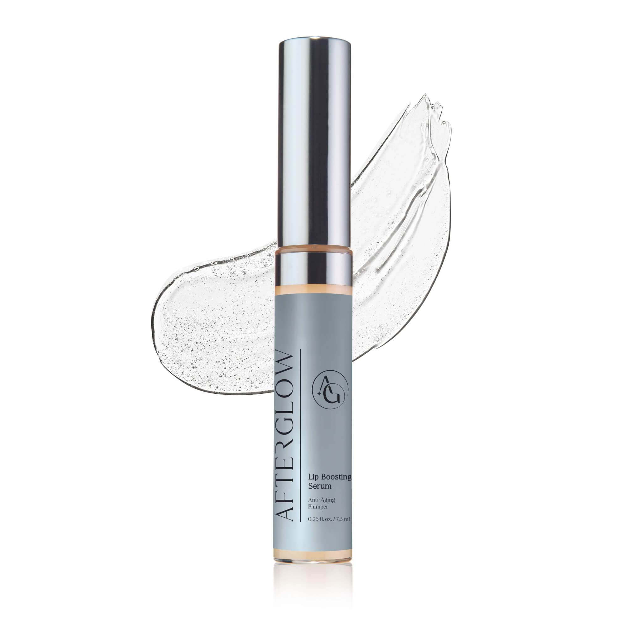 A wand tube product with the words, 'afterglow lip boosting serum' on it.