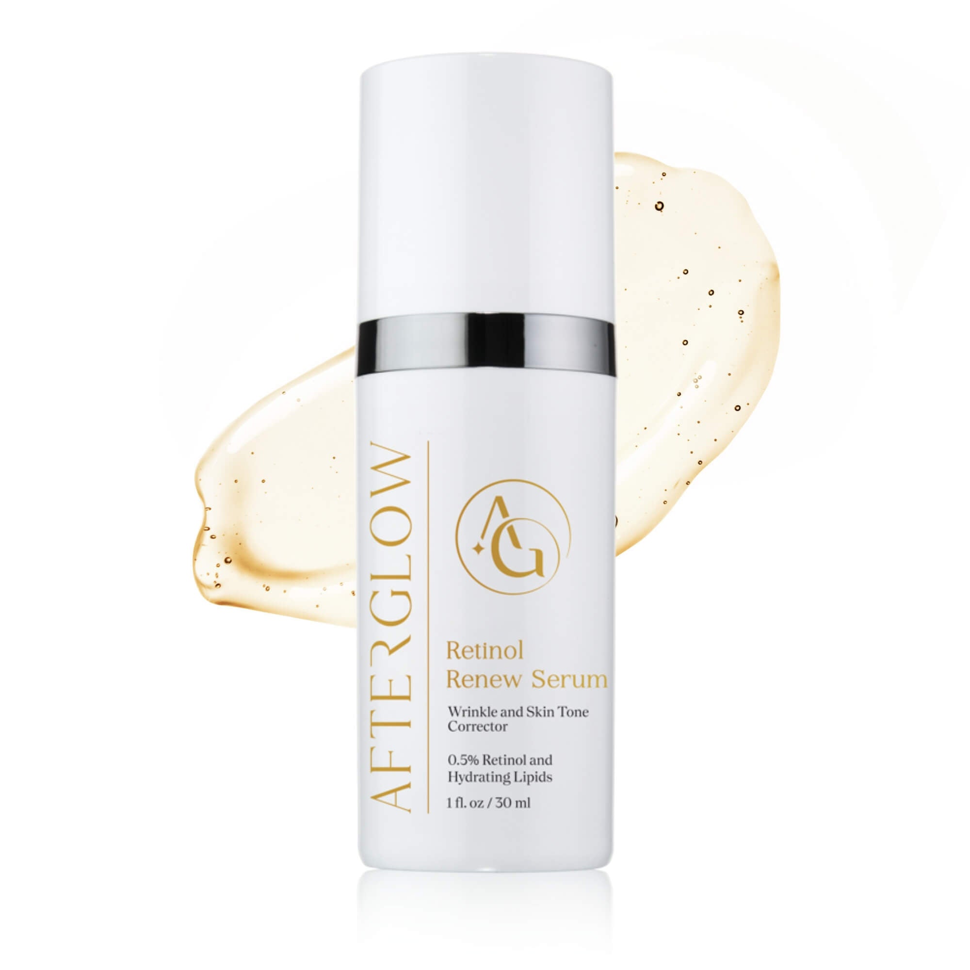 Afterglow skincare product bottle with the writing, 'retinol renew serum', on it.