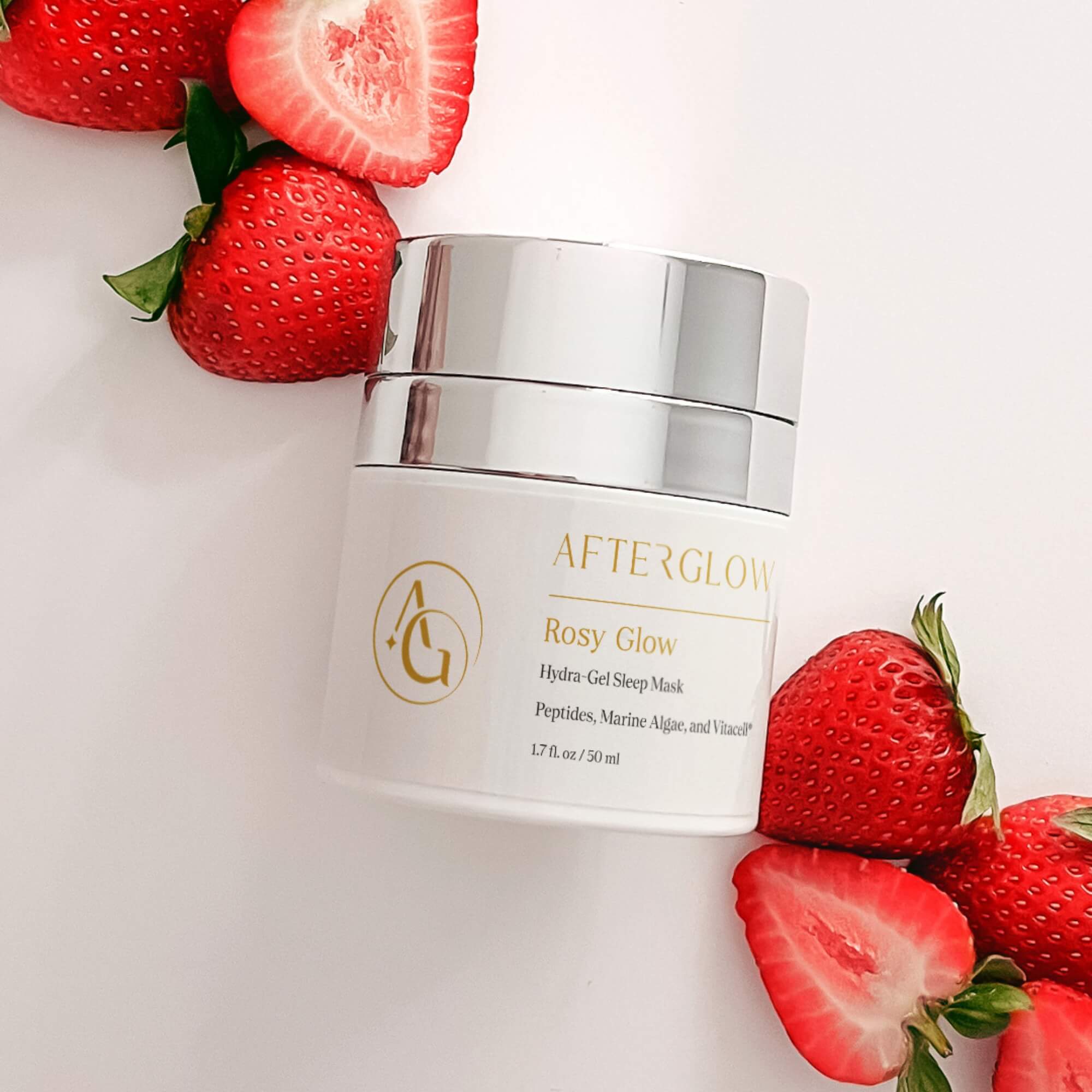 Afterglow Skin co. Rosy Glow sleep mask with strawberries on a light background