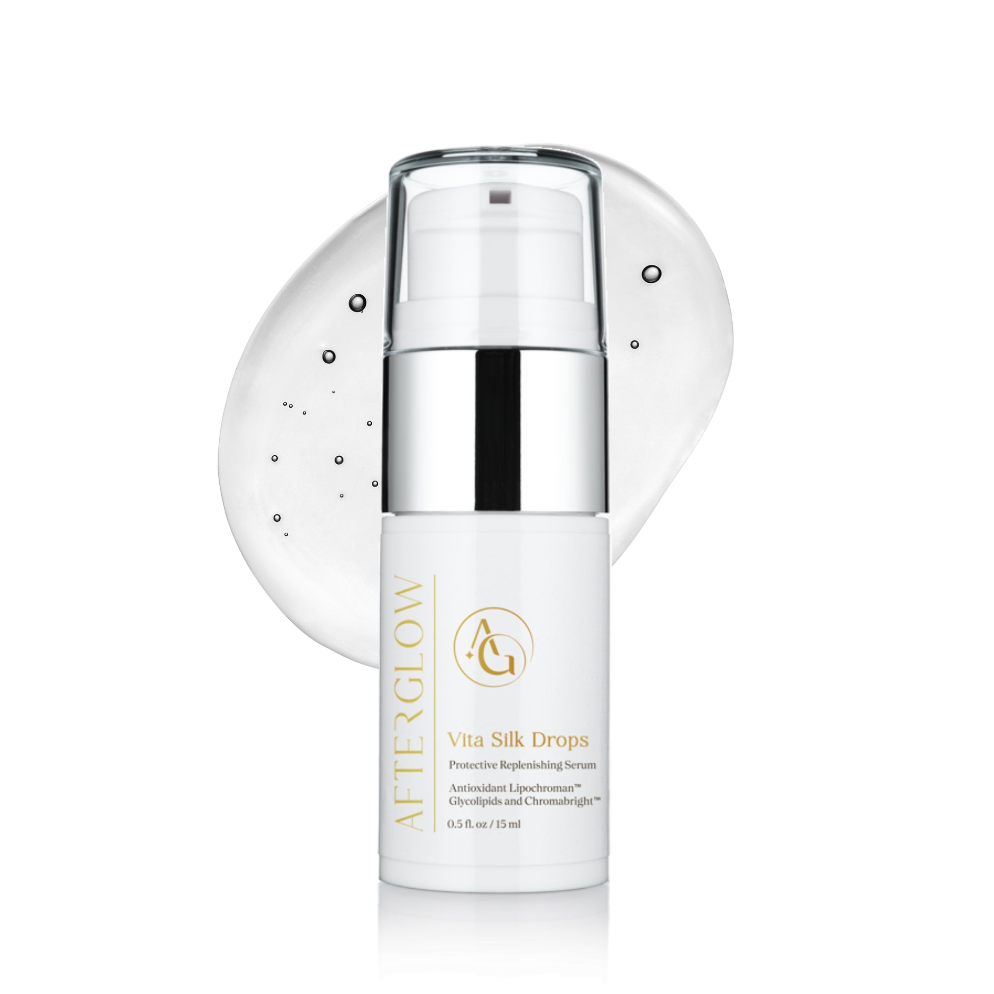 A clinical skincare product named 'afterglow vita silk drops', on top of a water droplet.