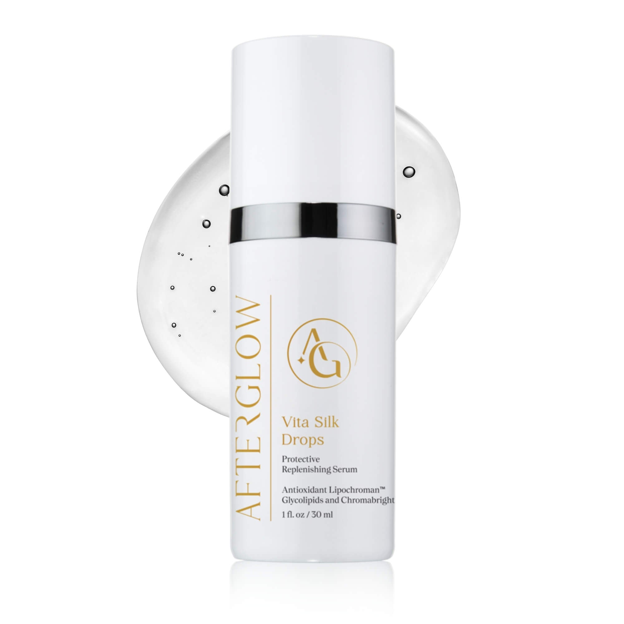 A skin product with the writing 'afterglow vita silk drops', on it.
