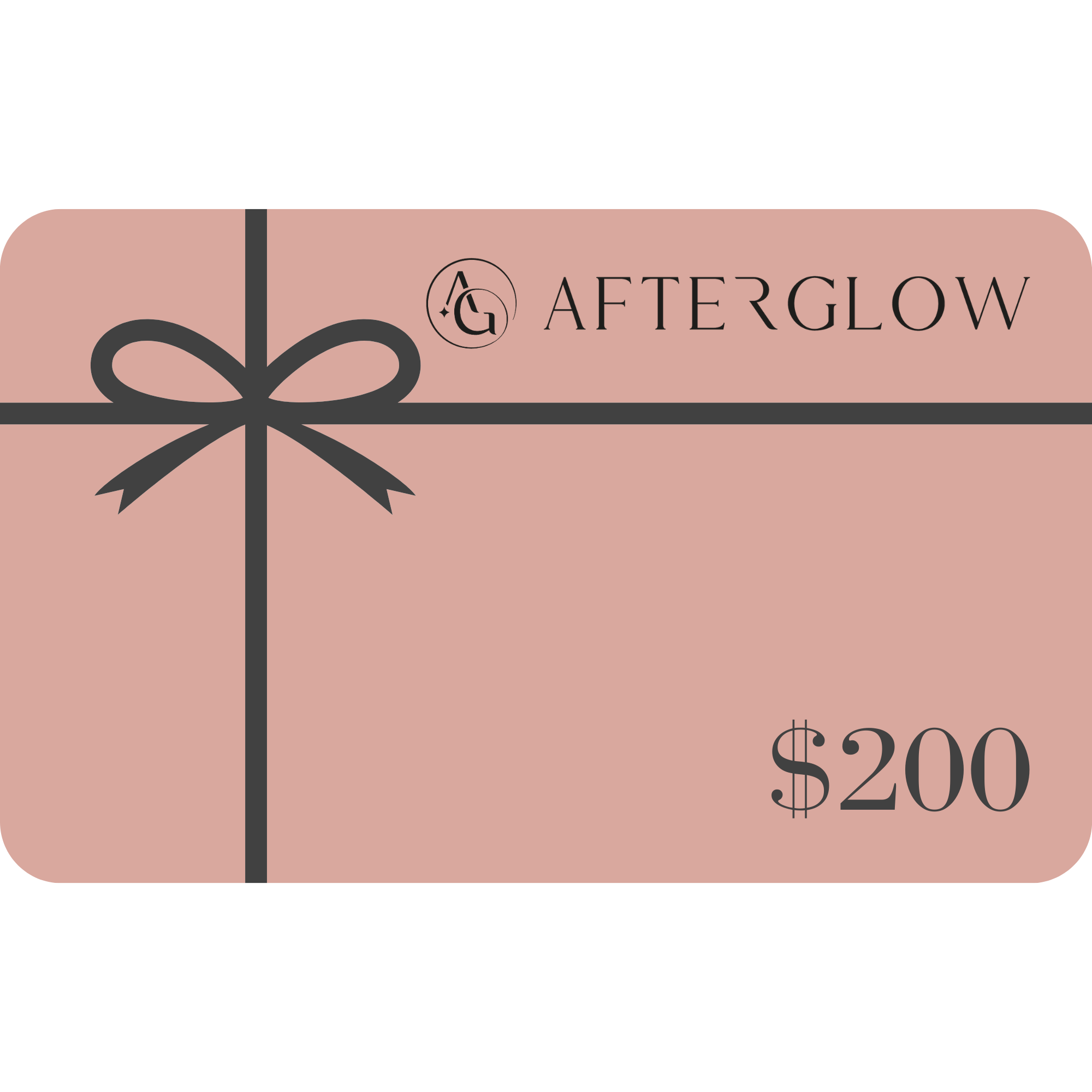 Pink Afterglow $200 gift card and a black bow with no background #denominations_$200
