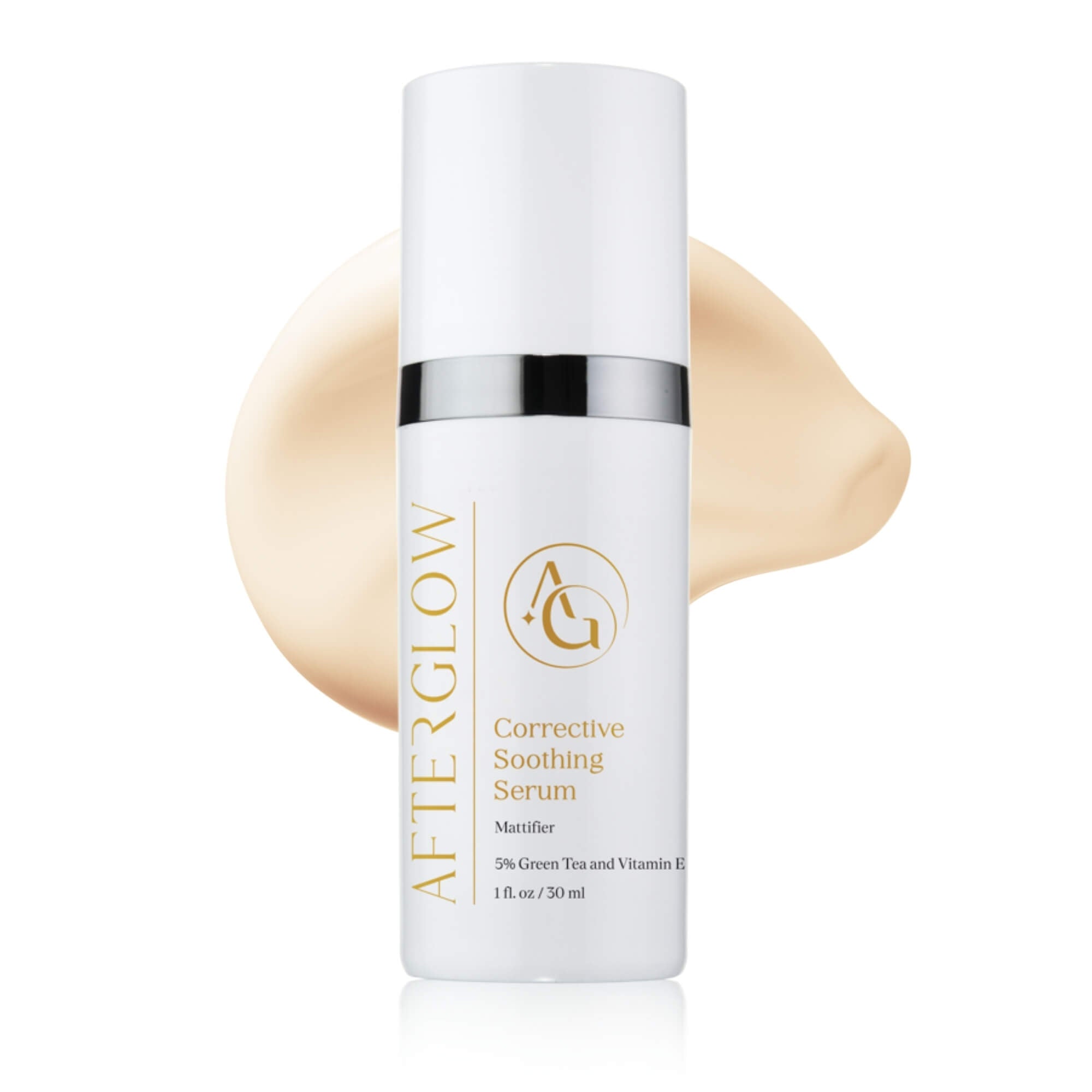 Skincare product called, 'afterglow corrective soothing serum', on a swatch of cream paint.