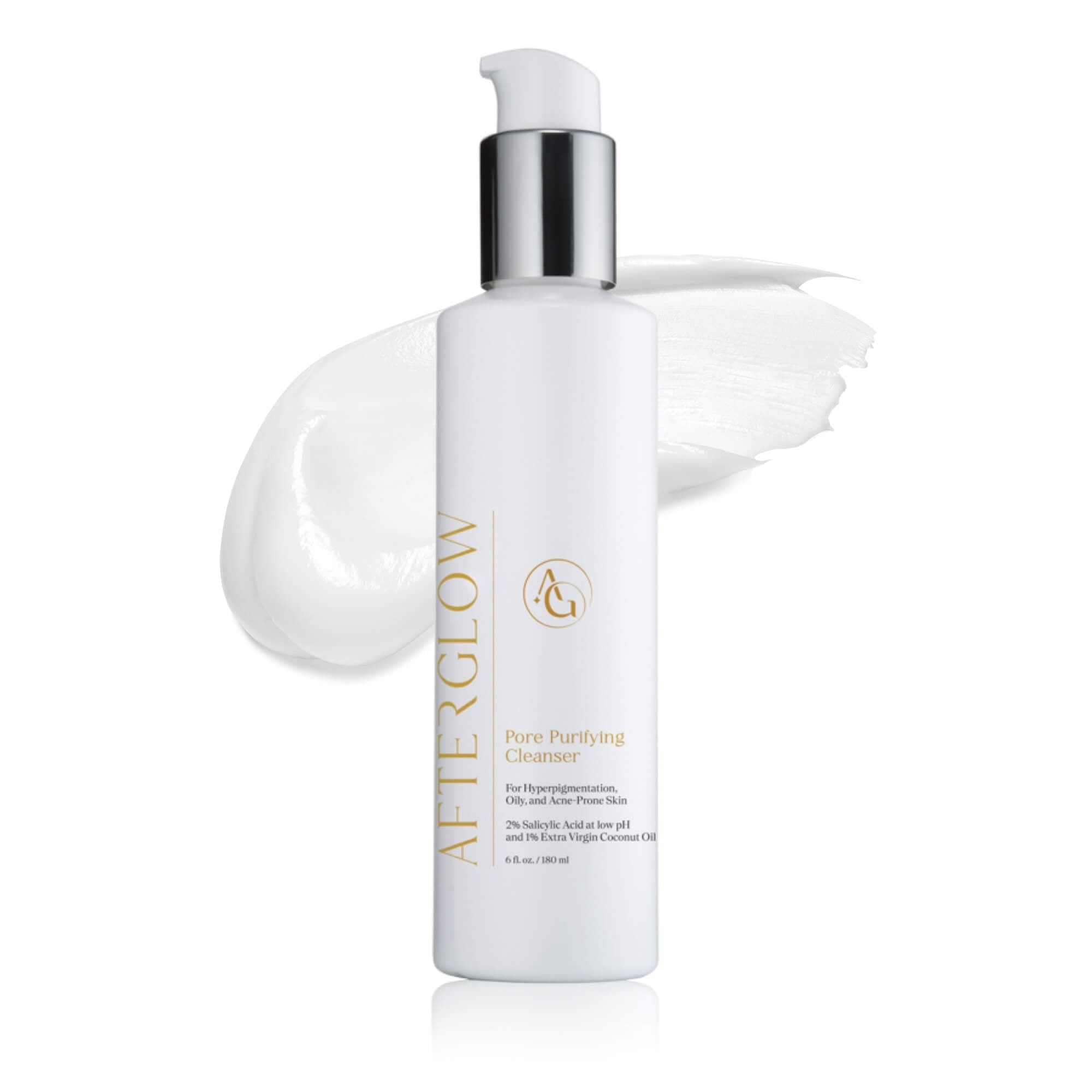 An Afterglow brand skincare product in the form of a pump spray bottle called, 'afterglow pore purifying cleanser'.