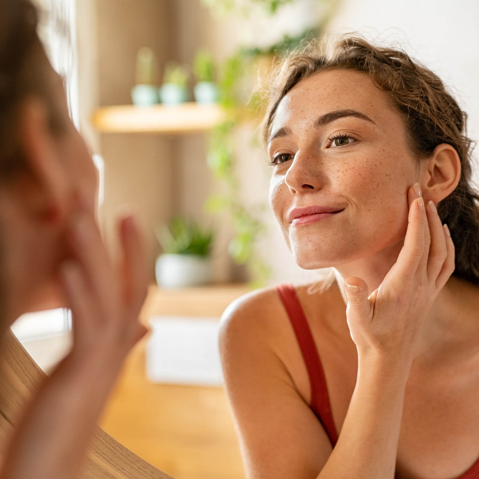A teenage girl smiling and looking into a mirror.