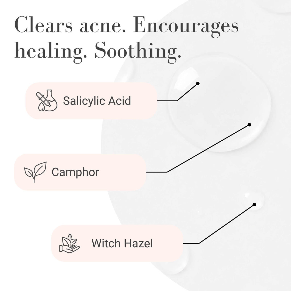 Afterglow blemish eraser ingredient highlight advertising salicylic acid, camphor, and witch hazel with the product in the background.