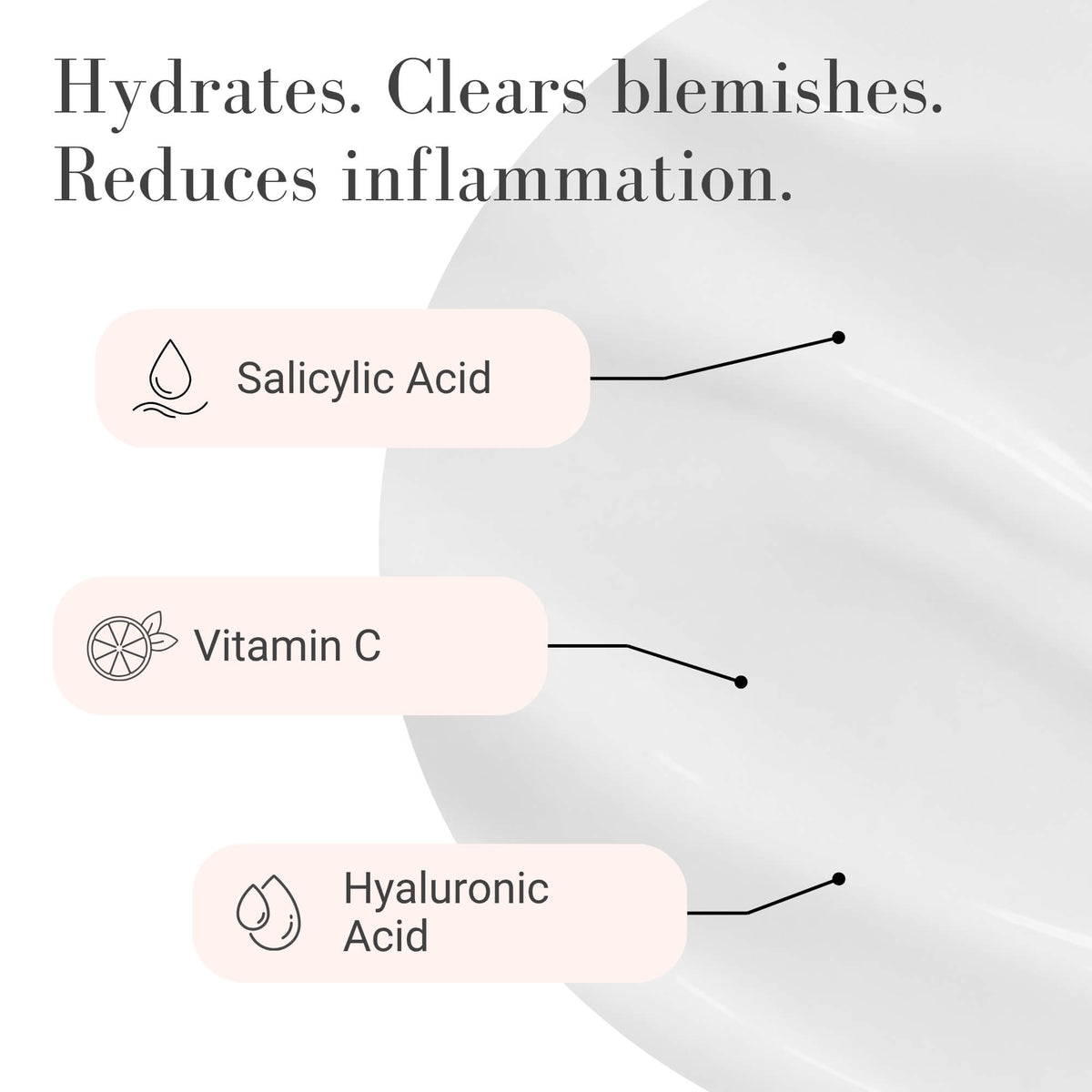 Afterglow Clear Skin Moisturizer advertising key ingredients of salicylic acid, vitamin c and hyaluronic acid next to the product.