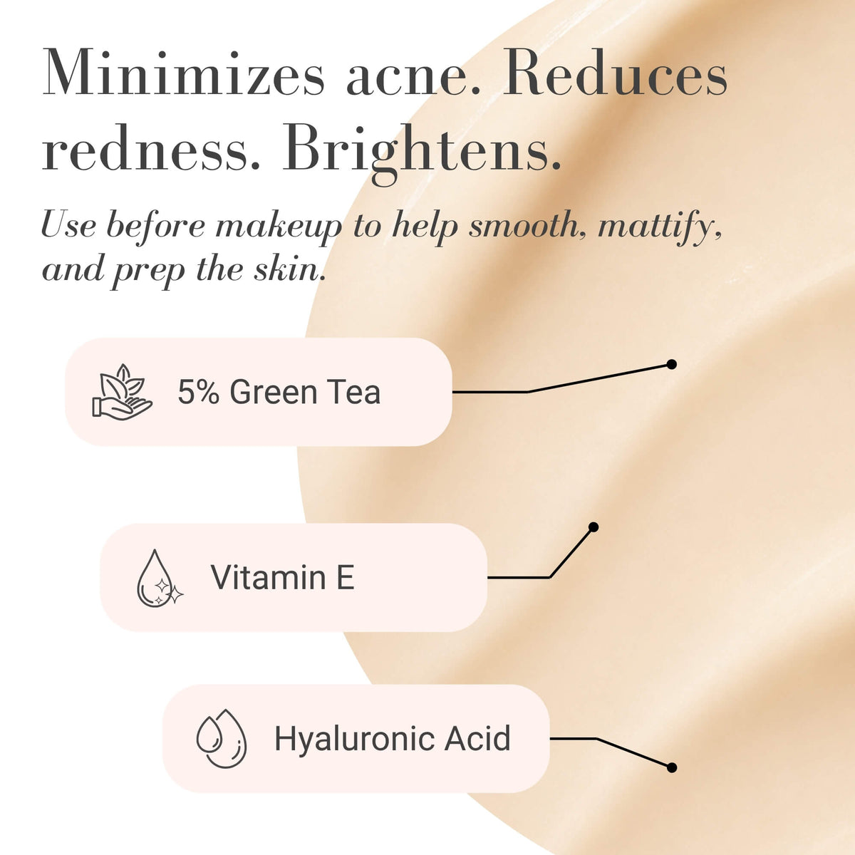 A skincare benefit graphic with a close-up of smooth light beige skin and text reading 'Minimizes acne. Reduces redness.