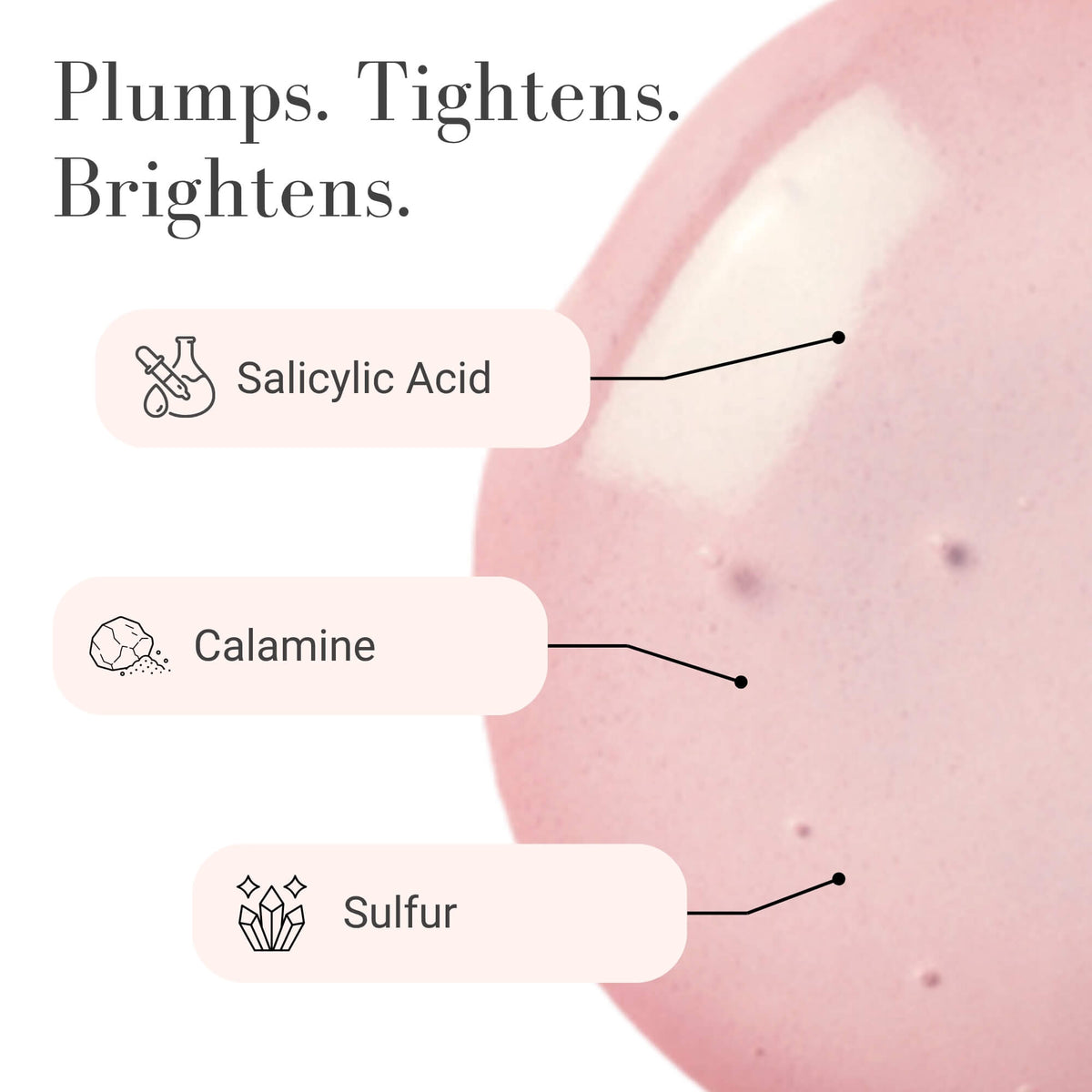 Afterglow Clear Skin Spot Treatment ingredient highlight of salicylic acid, calamine and sulfur with the product in the background.