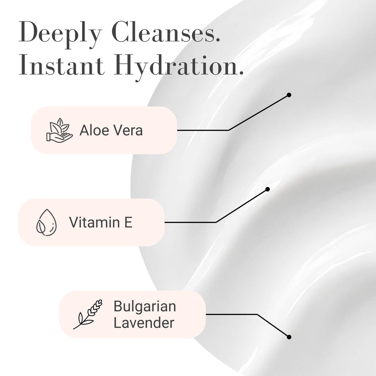 Afterglow Lavender cleansing cream advertising aloe vera, vitamin e and Bulgarian lavender with the product in the background.