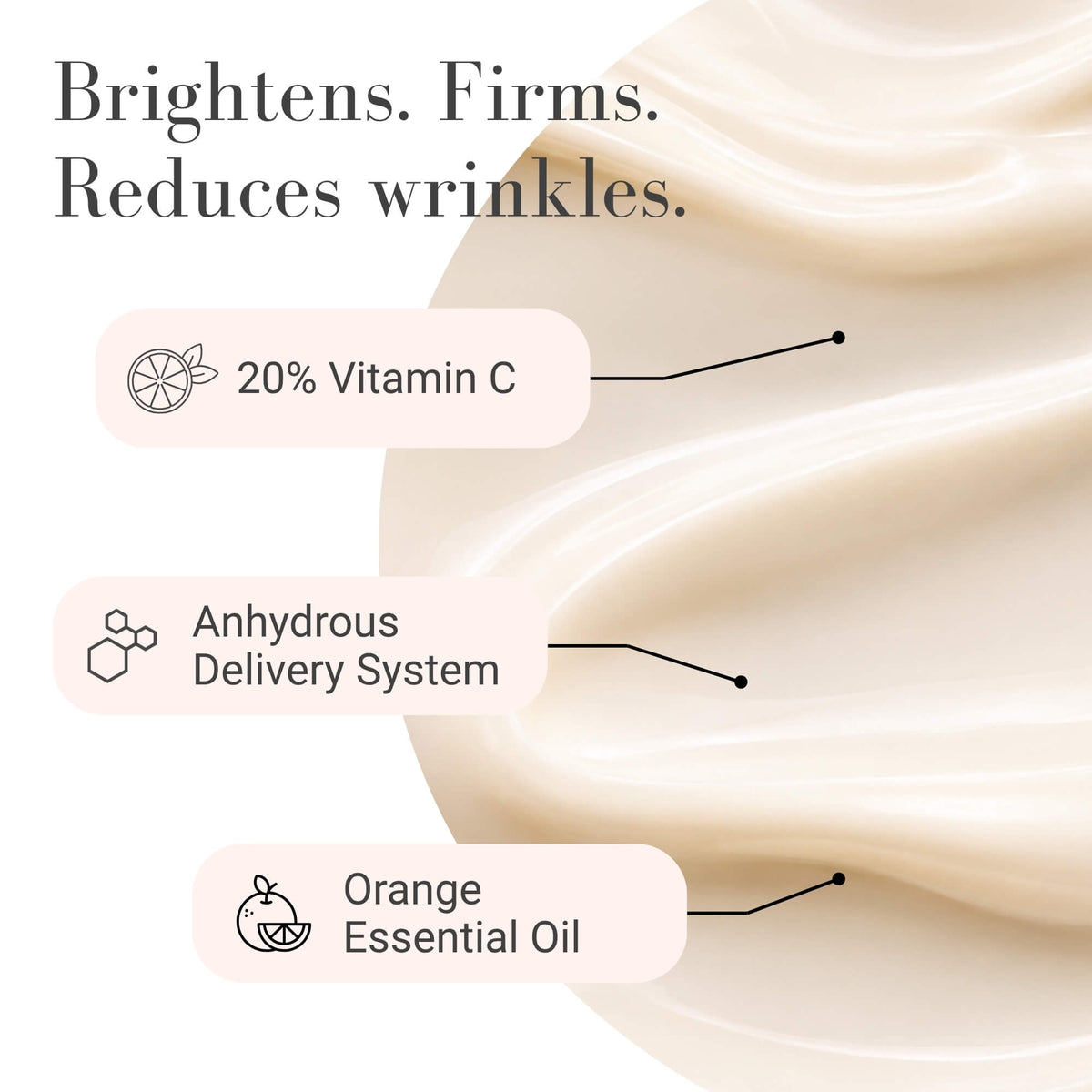 Afterglow Skin Co. Power C product cream advertising vitamin c, anhydrous delivery system and orange essential oil.