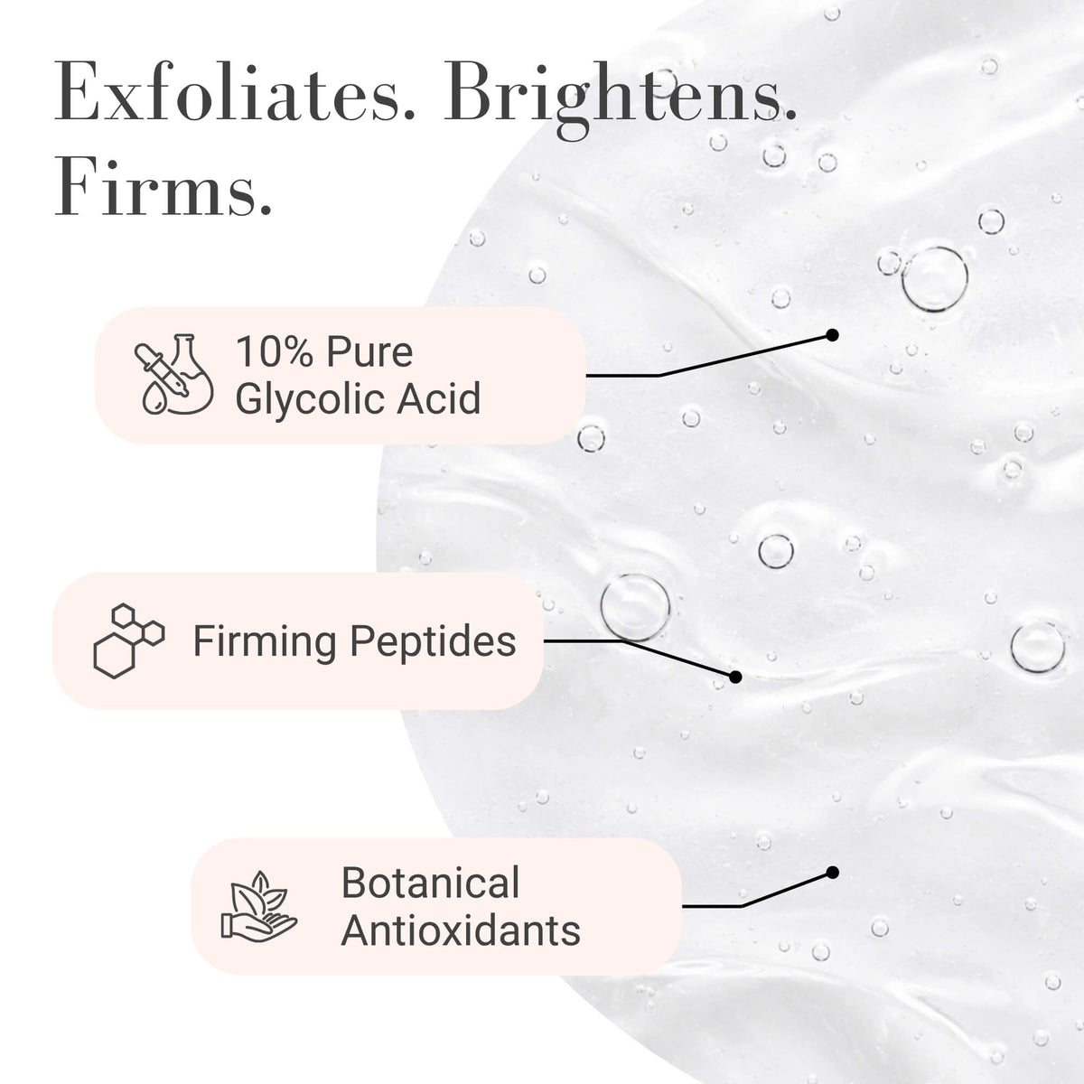 A clean skincare marketing graphic with the headline 'Exfoliates. Brightens. Firms'