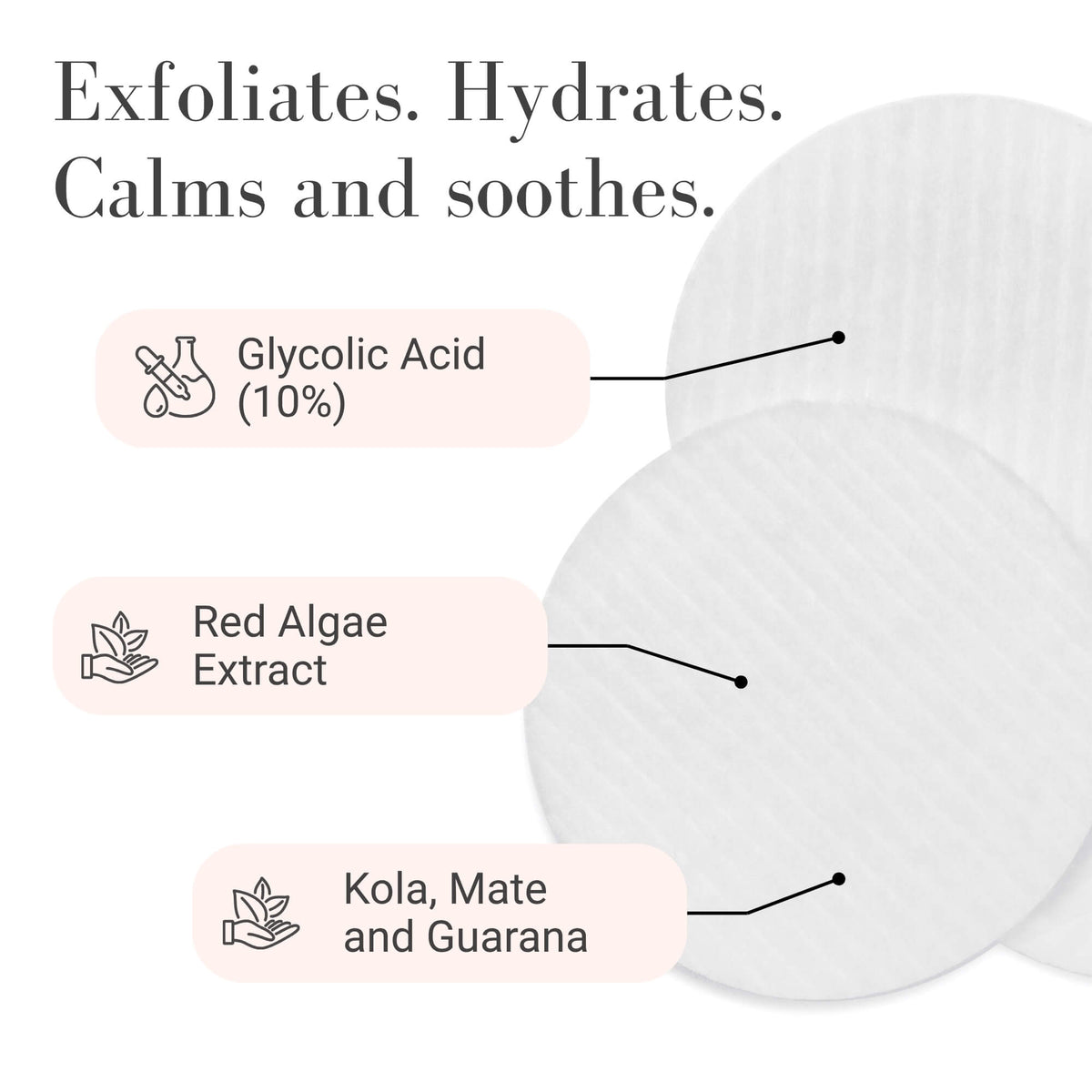 Three round white exfoliating pads are shown on a white background with ingredient callouts reading Glycolic Acid (10%), Red Algae Extract, and Kola, Mate and Guarana.