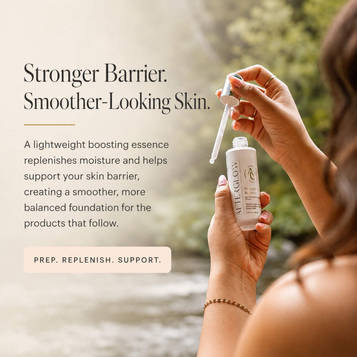 A woman holds a small white skincare dropper bottle labeled Afterglow while applying liquid from the dropper to her face. Large marketing text on the left reads, 'Stronger Barrier. Smoother-looking skin.'