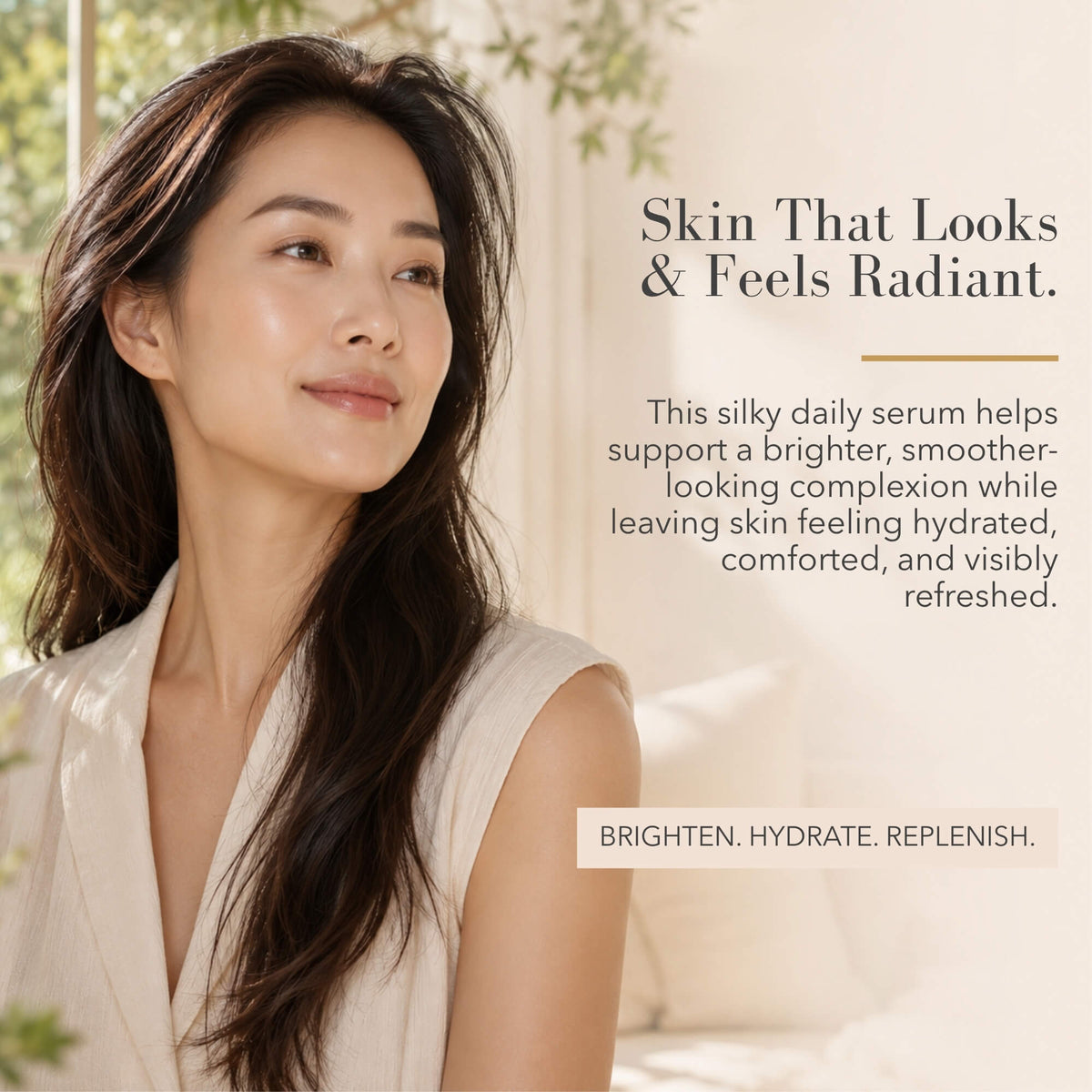 A woman with long dark hair looks upward with a soft, radiant expression in a bright indoor setting. Promotional text about the skincare serum