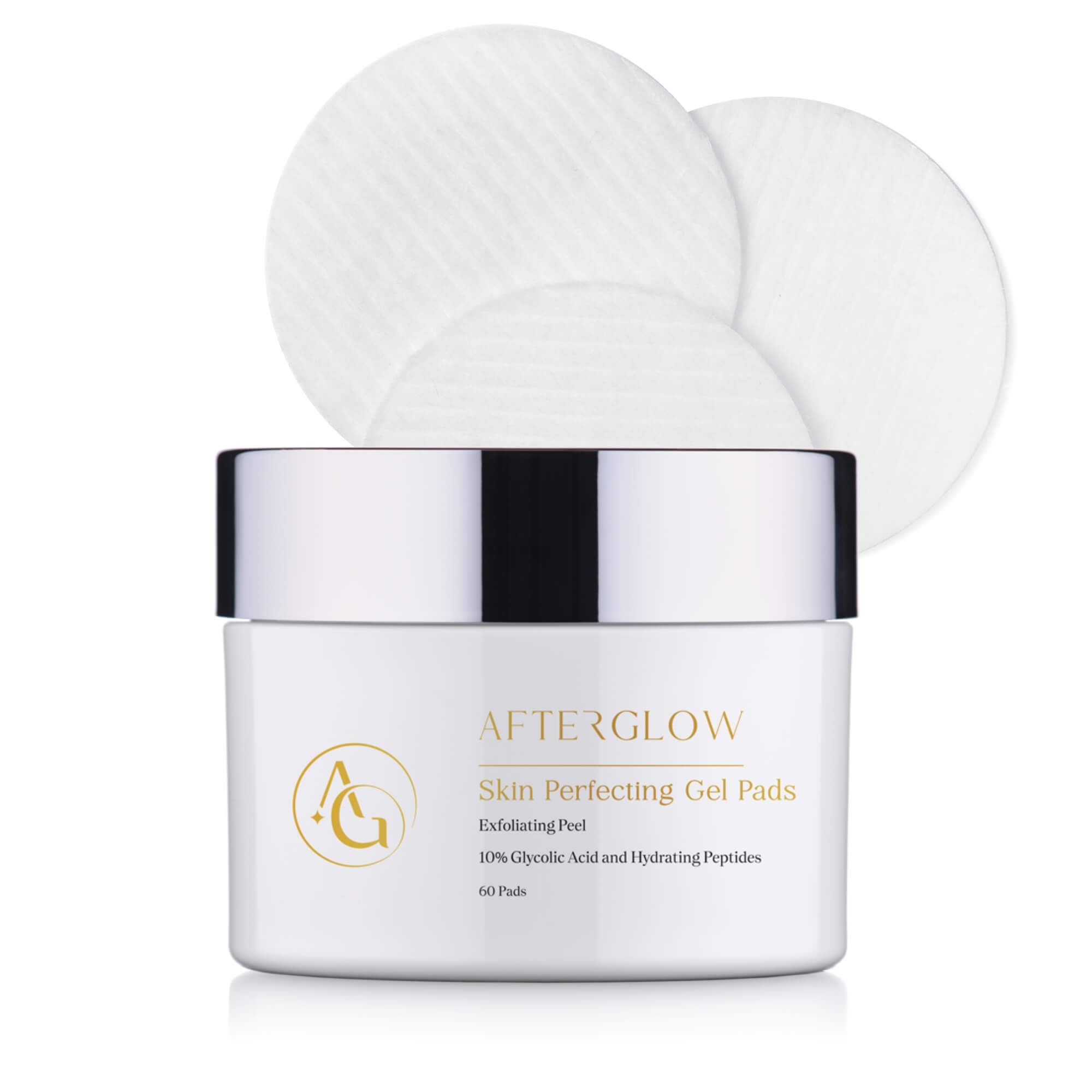 Jar of 'Afterglow' skin perfecting gel pads with three white applicators on a white background